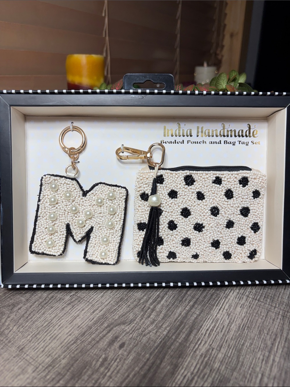 India Handmade Beaded Initial M Keychain & Polka Dot Coin Pouch